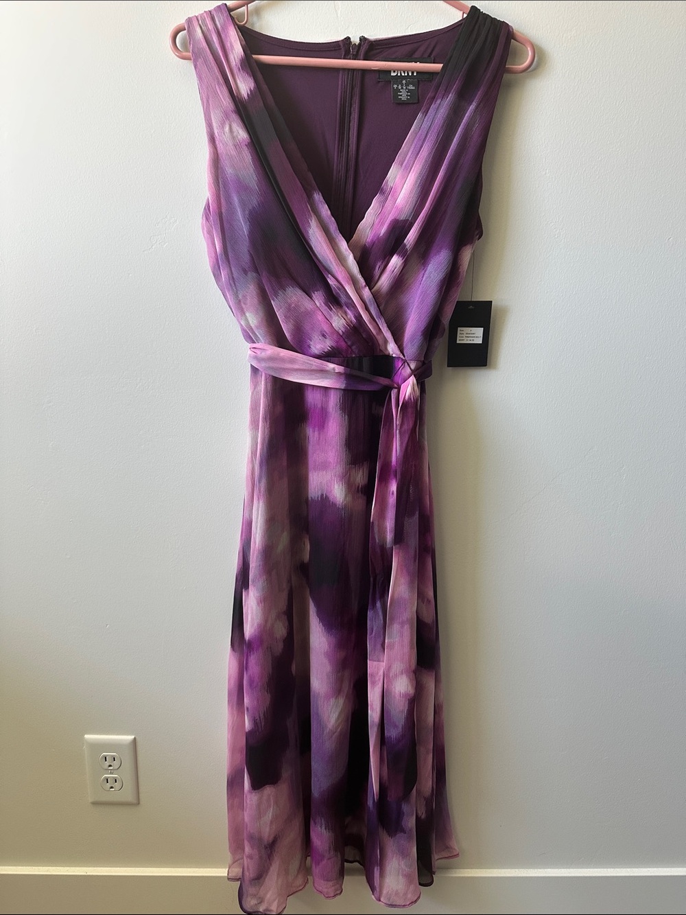 DKNY Purple Watercolor Faux-Wrap Midi Dress